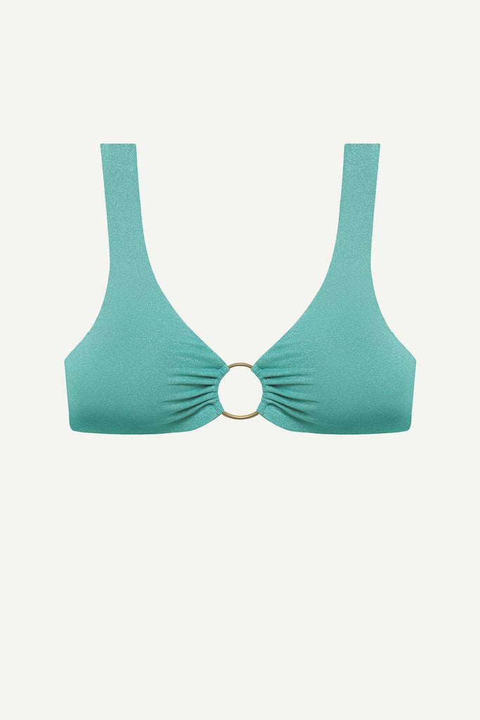 Metallic aqua bikini top with an O ring detail on the front 