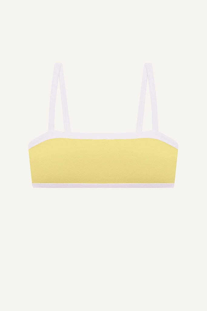Yellow bandeau with strap swim top with white trim