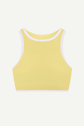 High neck yellow swim top with white trim