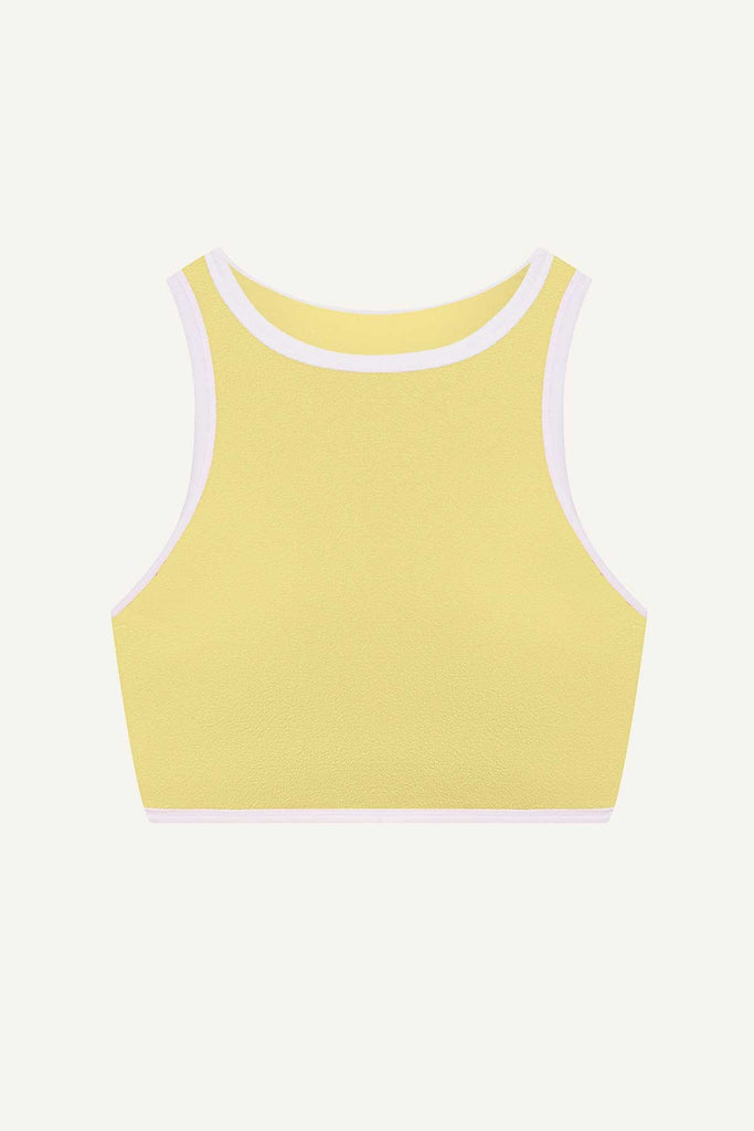 High neck yellow swim top with white trim