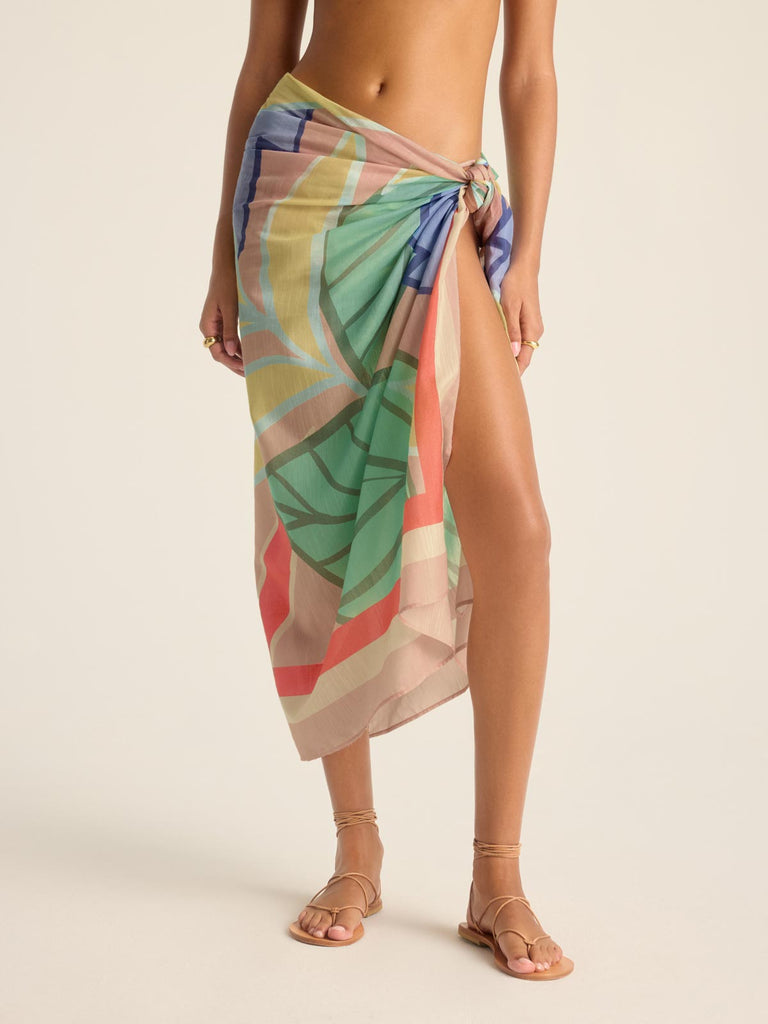 Woman wearing a jungle printed swim cover up with a close up of the print