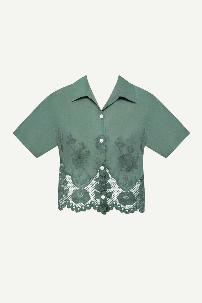 Sea green lacy short sleeve beach shirt 