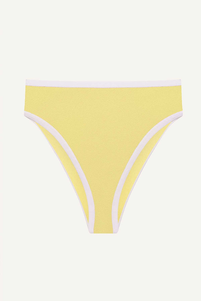 Yellow swim bottoms and white trim