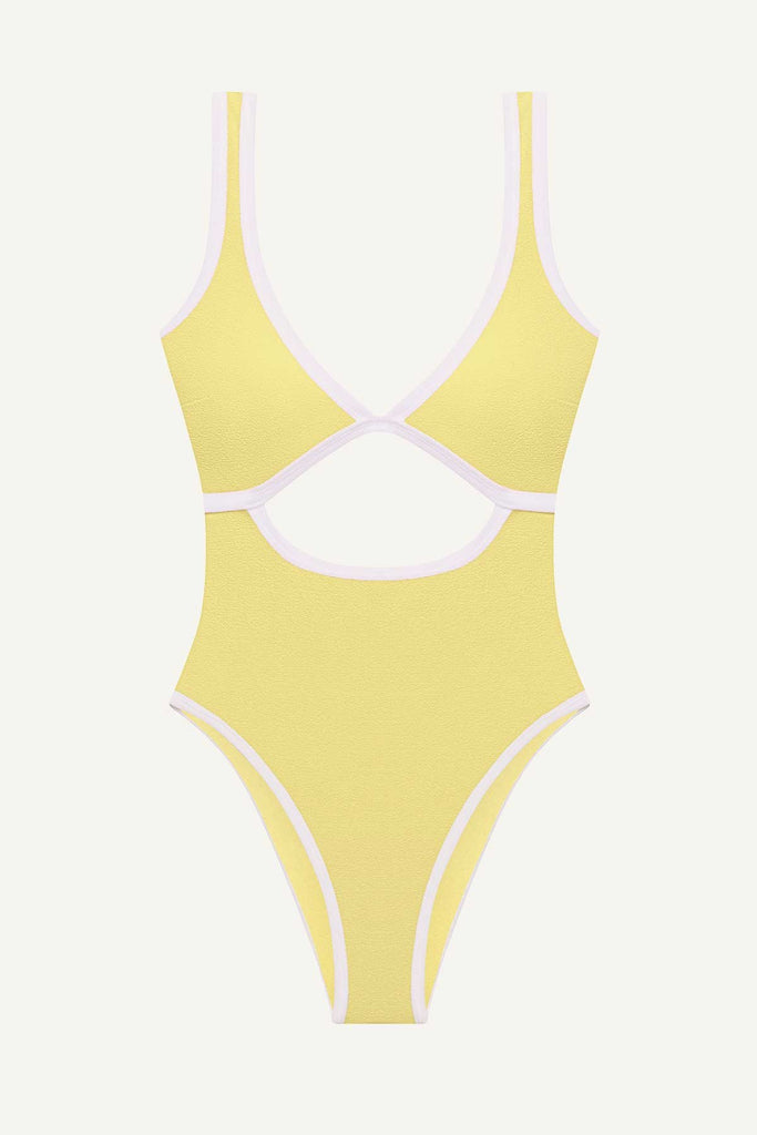 Yellow one-piece swimsuit with white trim