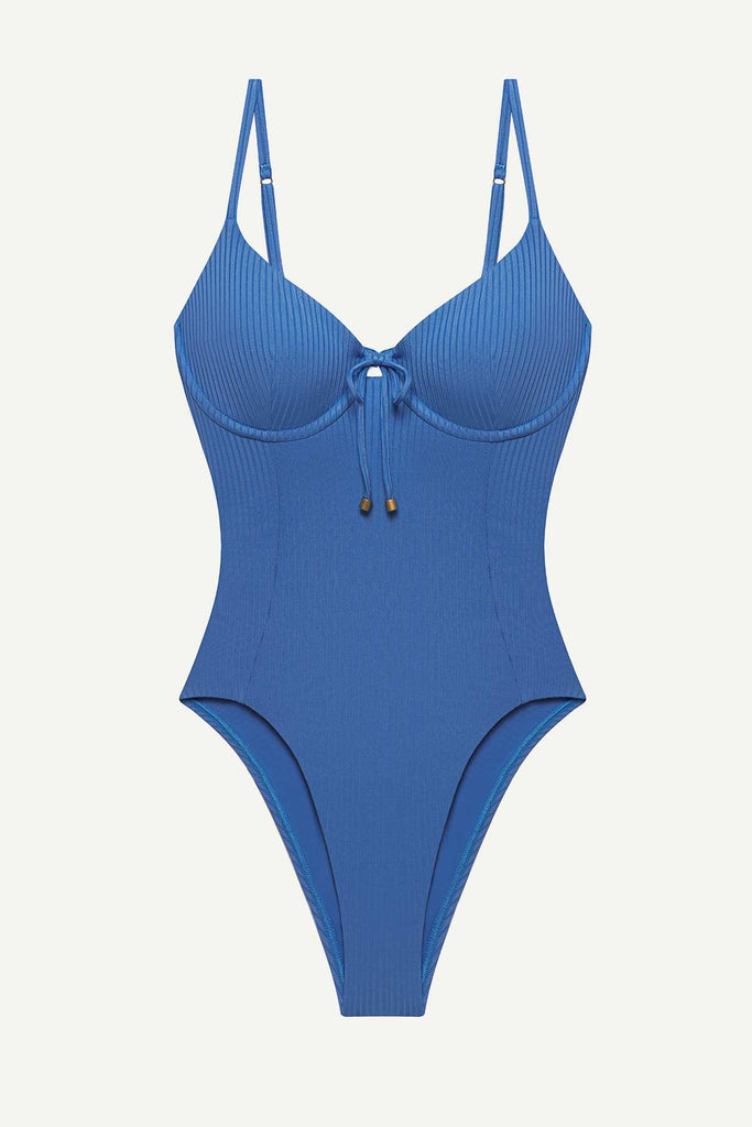 One-piece blue swimsuit with a tie front