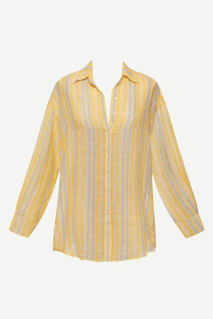 Long sleeve button down beach shirt with yellow and blue stripes